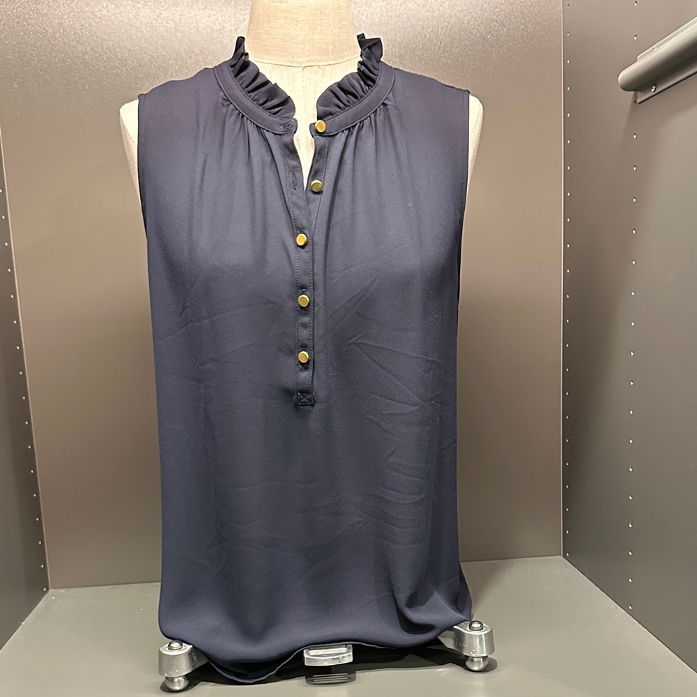 Loft mixed media Navy Blouse with Ruffle Collar